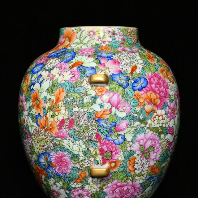 Mid 20th Century Vintage Famille Rose Porcelain Jar – 20.5" Floral Millefleur Vase With Lid For Sale - Image 5 of 9