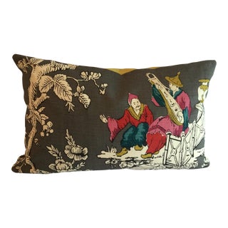 Figural Chinoiserie Asian Slate Gray Pillow With Mustard Yellow Back For Sale
