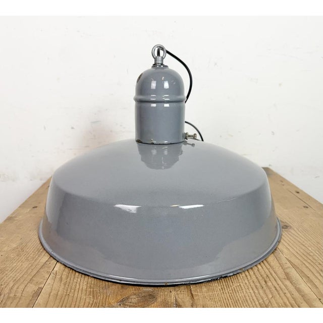 Industrial Grey Enamel Factory Pendant Lamp, 1960s For Sale - Image 13 of 18
