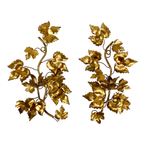 Vintage Italian Gilt Tole Metal Wall Candle Sconces, a Pair
