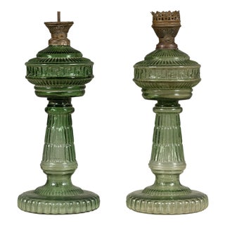 Green Glass Gas Lights with Meander Friezes, a Vintage Near Pair For Sale