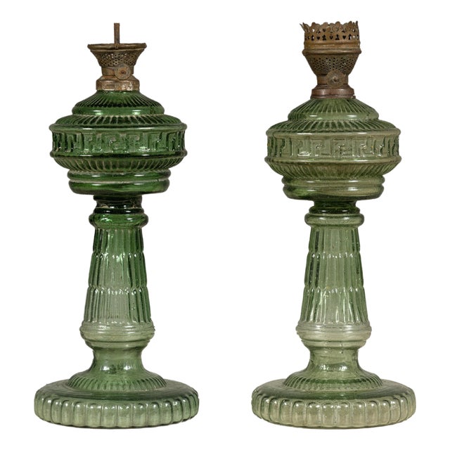 Green Glass Gas Lights with Meander Friezes, a Vintage Near Pair For Sale