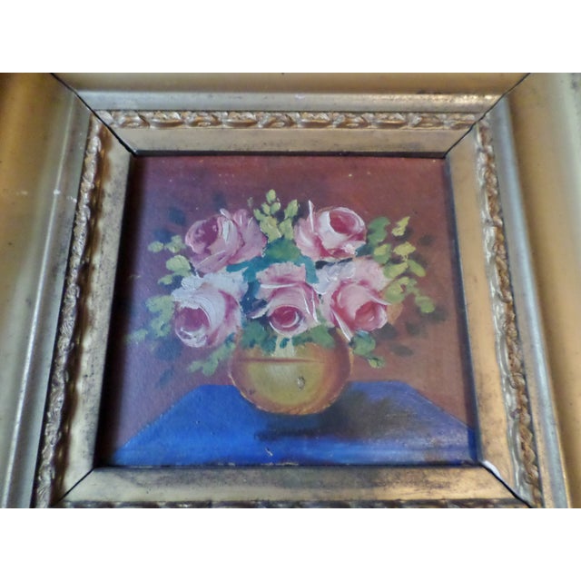 Baroque Antique Flowers in Vase Oil on Board in Ornate Baroque Wood & Gesso Frame For Sale - Image 3 of 10