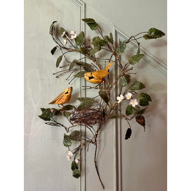 1960s Vintage Metal Wall Sculpture of Songbirds in Blossoming Branches With Nest For Sale - Image 5 of 7