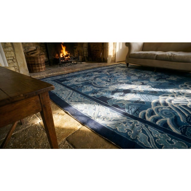 Textile Fantabulous Tone of Blue Background Color in a Chinoiserie Pattern Antique Chinese Peking Rug For Sale - Image 7 of 9