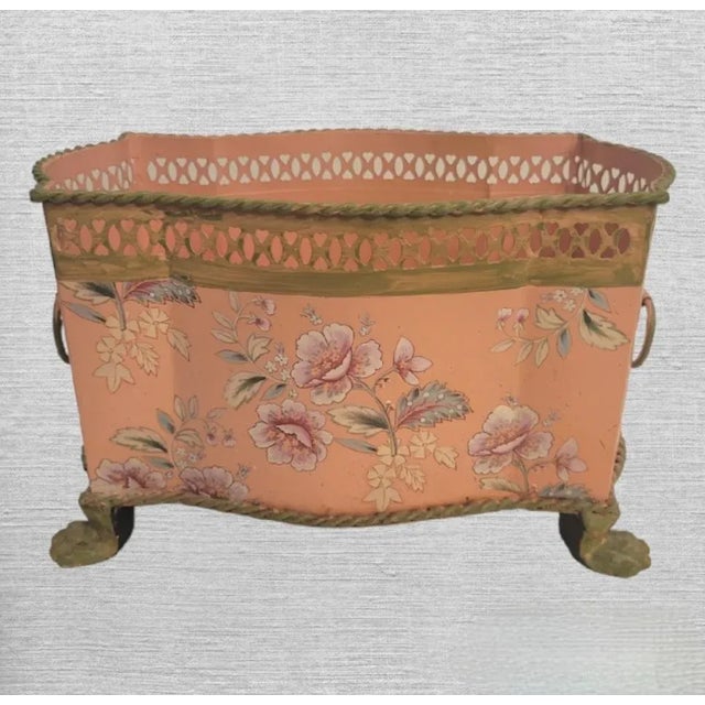 Chelsea House Inc Chelsea House Style Pink Floral Metal Claw Foot Lattice Floral Arrangement Large Container Cache Pot For Sale - Image 4 of 11