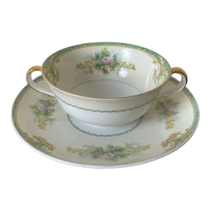 Early 20th Century Nippon Rose and Green Bouillon Porcelain Bowl and Saucer- 2 Pieces