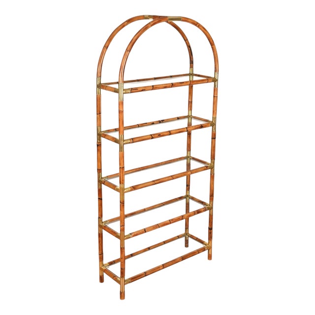 Large Italian Arch Shelf in Rattan and Brass, 1970s For Sale