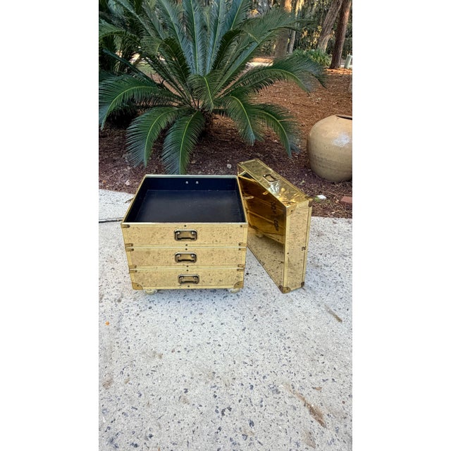 Metal Brass Clad Campaign Style Side Table on Casters For Sale - Image 7 of 12