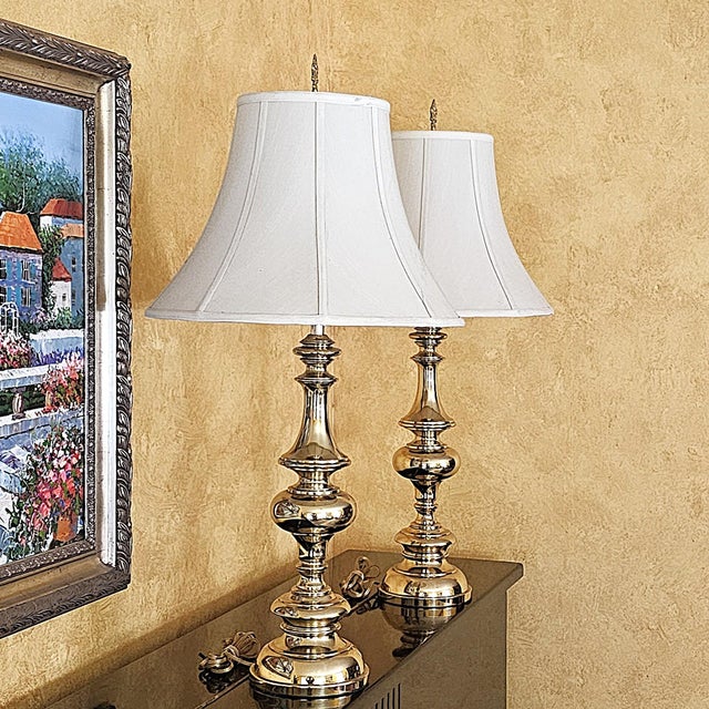 Pair of Tall Brass Table Lamps With Ivory Bell Shades – Hollywood Regency Style For Sale - Image 13 of 18