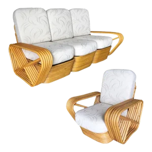 Restored Six-Strand Square Pretzel Rattan Sofa and Lounge Chair Set