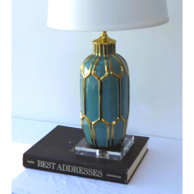 Modern Hollywood Regency Ceramic Lamp: Gold & Blue, Lucite Base, C. Damien Fox Design For Sale - Image 3 of 8