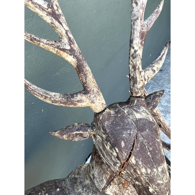 Brick Red Vintage Carved Wood Deer Sculptures - Pair For Sale - Image 8 of 12