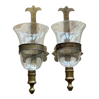Vintage 1970s Sarreid Wall Mounted Brass & Glass Hurricane Lanterns - Pair For Sale
