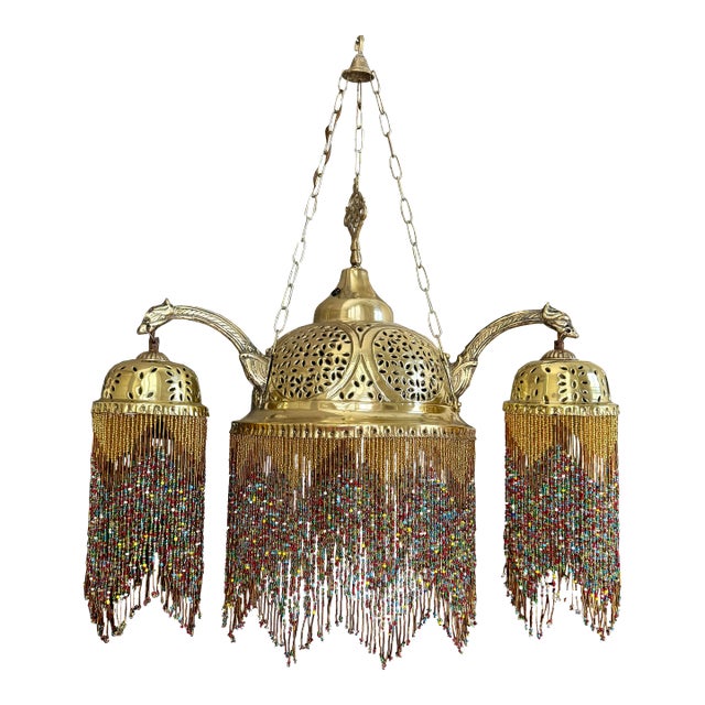 Vintage Brass Chandelier With Colorful Glass Beads For Sale
