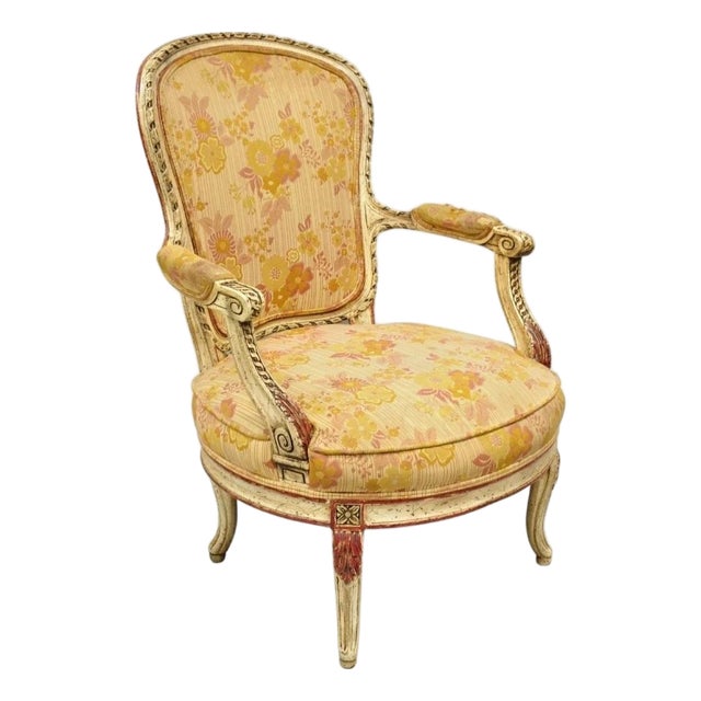Vintage French Louis XV Style Cream and Red Painted Low Boudoir Fauteuil Chair For Sale