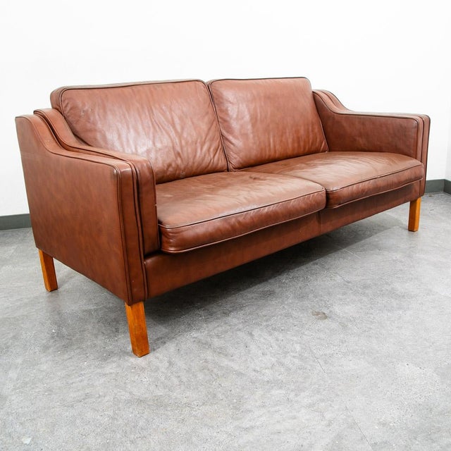 Mid Century Danish Modern Sofa Couch Brown Leather 2 Seat Settee Vintage Denmark For Sale - Image 4 of 11