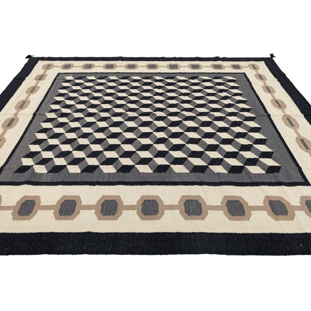 Native American Contemporary Navajo Style Geometric Wool Area Rug – Optical Cubes in Charcoa For Sale - Image 3 of 9