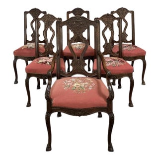 Set of 6 Antique Liegeoise Needlepoint Dining Chairs Includes 1 Armchair For Sale