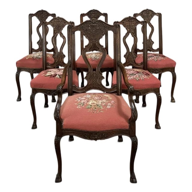 Set of 6 Antique Liegeoise Needlepoint Dining Chairs Includes 1 Armchair For Sale