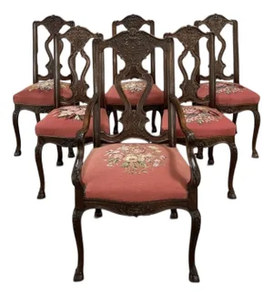 Set of 6 Antique Liegeoise Needlepoint Dining Chairs Includes 1 Armchair