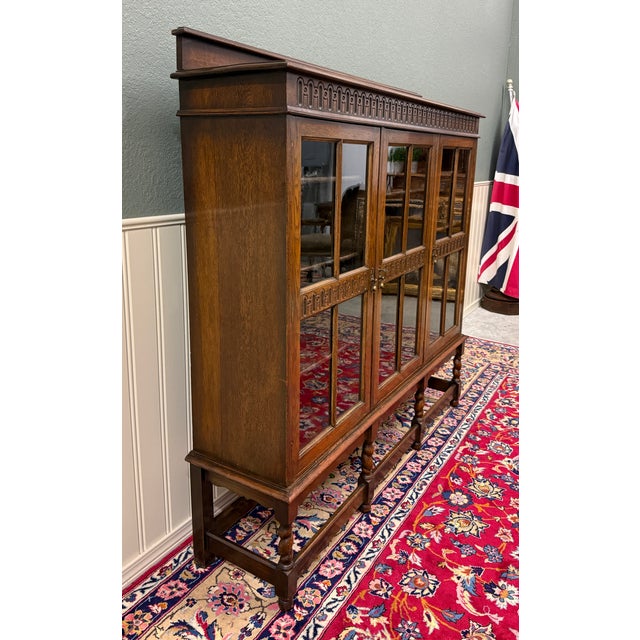 Antique English Jacobean Bookcase Bookshelf Cabinet Triple Glass Door Oak C1930s For Sale - Image 4 of 18