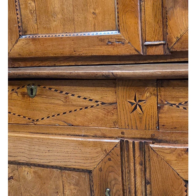 Antique French Elm Deux Corps Buffet Cabinet With Inlay and Fitted Interior For Sale In Denver - Image 6 of 18