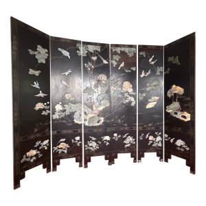 Vintage Chinese Six Panel Folding Screen Room Divider With Hard-Stone Inlay