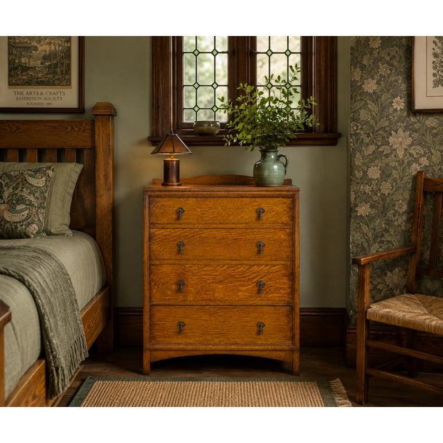 An Edwardian Arts & Crafts oak chest of drawers, dating from the 1900s. Crafted in beautifully figured quarter-sawn oak,...