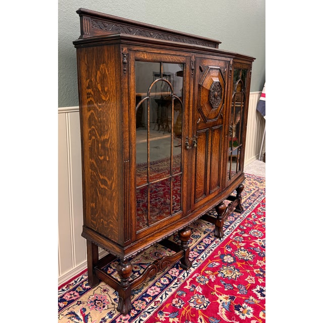 Antique English Jacobean Bookcase Bow Front Cabinet Triple Door Oak C1930s For Sale - Image 15 of 18