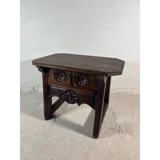 Spanish Castilian Carved Wood Side Table with Iron Hardware, 1910 For Sale - Image 9 of 15