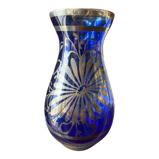 Vintage Italian Cobalt Blue Silver Overlay Art Glass Vase, Florence Italy, Floral Decor, Mid Century For Sale