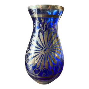 Vintage Italian Cobalt Blue Silver Overlay Art Glass Vase, Florence Italy, Floral Decor, Mid Century