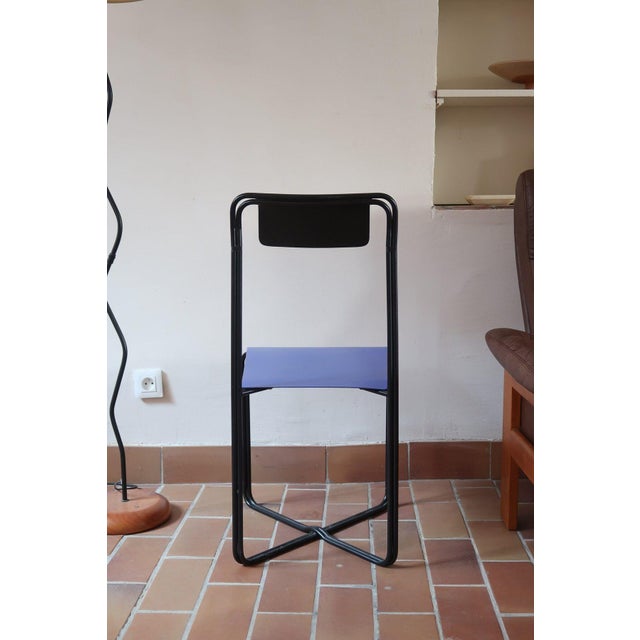 Postmodern Kaa Chair attributed to Francesco Soro in Black Lacquered Metal with Blue Seat, Italy, 1980s For Sale - Image 3 of 13