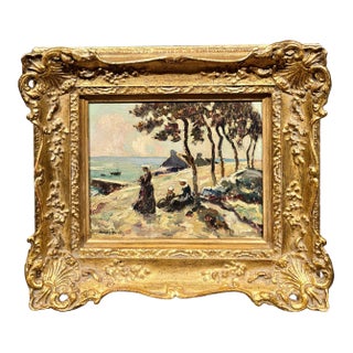Jules Eugène Pages -Women and Child Along the Brittany Coast—Impressionist Oil Painting For Sale