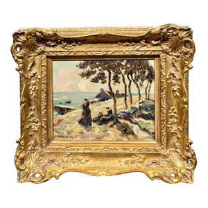 Jules Eugène Pages -Women and Child Along the Brittany Coast—Impressionist Oil Painting