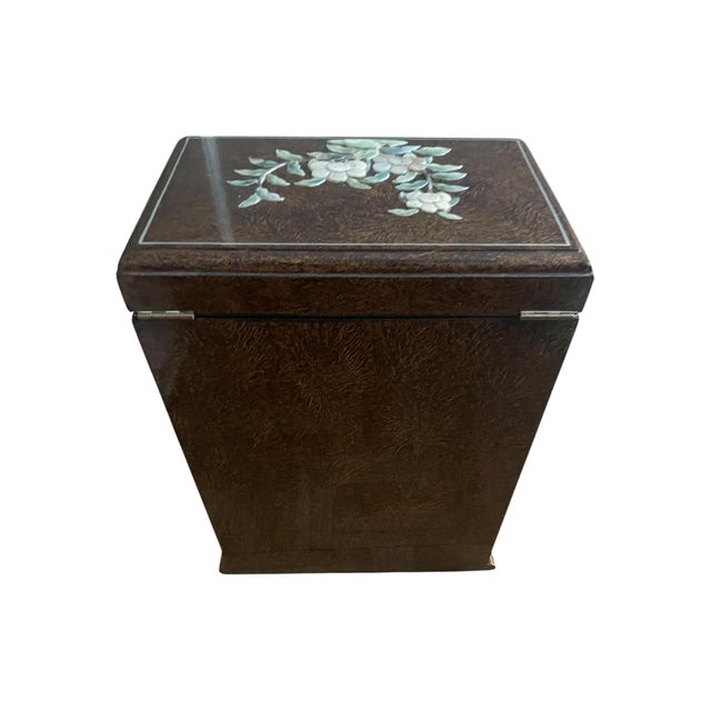 Vintage Midcentury Chinoiserie Brown Lacquer Shell Inlay Jewelry Box Cabinet For Sale In Baltimore - Image 6 of 15