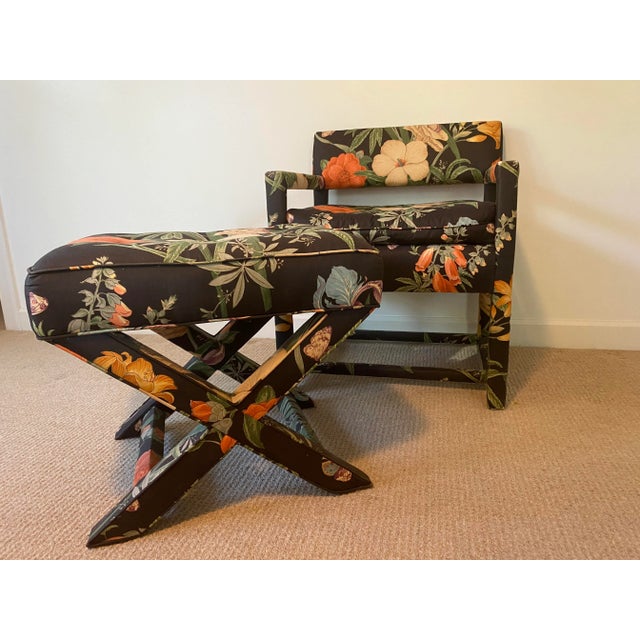 Mid-Century Modern Mid 20th Century Set of 2 Modern Floral Parsons Chair and X-Bench Footstool In the Style of Milo Baughman For Sale - Image 3 of 13