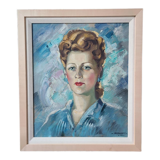 Robert Falcucci Mid-Century 1950s Oil Painting Portrait of a Woman For Sale