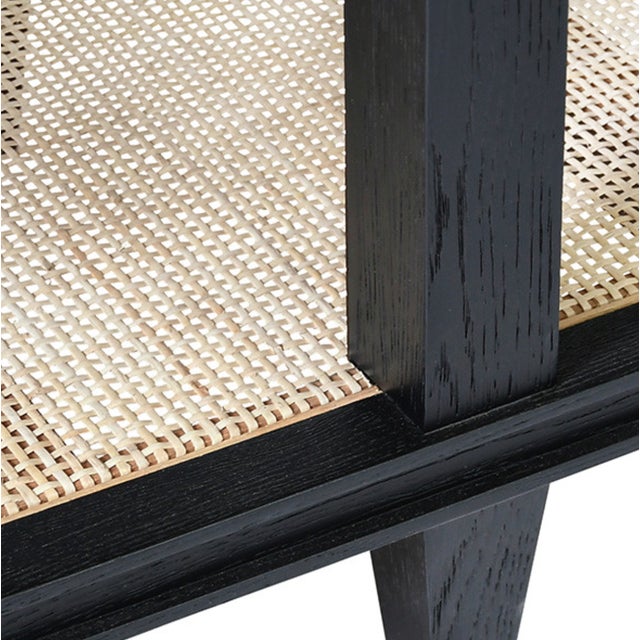 Black Matthew Izzo Home Richmond Black Oak Four Drawer Console With Brass Drawer Pulls and Open Caned Shelf For Sale - Image 8 of 10