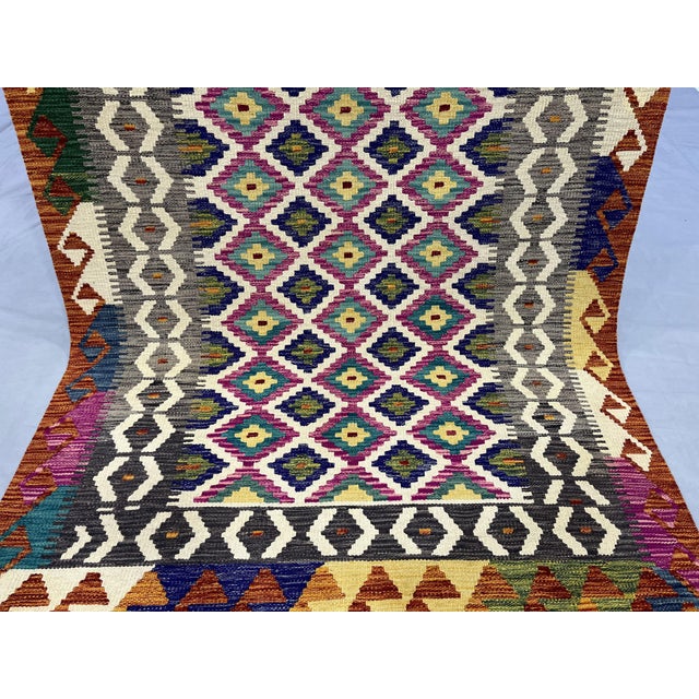 4'2" X 5'10" Multicolor Afghan Chobi Geometric Wool Flatweave Kilim Rug For Sale - Image 10 of 16