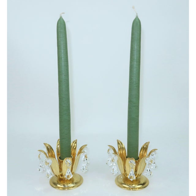 Metal 1980's Lycenta Sweden Gold Plated & Crystal Candle Holders, a Pair For Sale - Image 7 of 8
