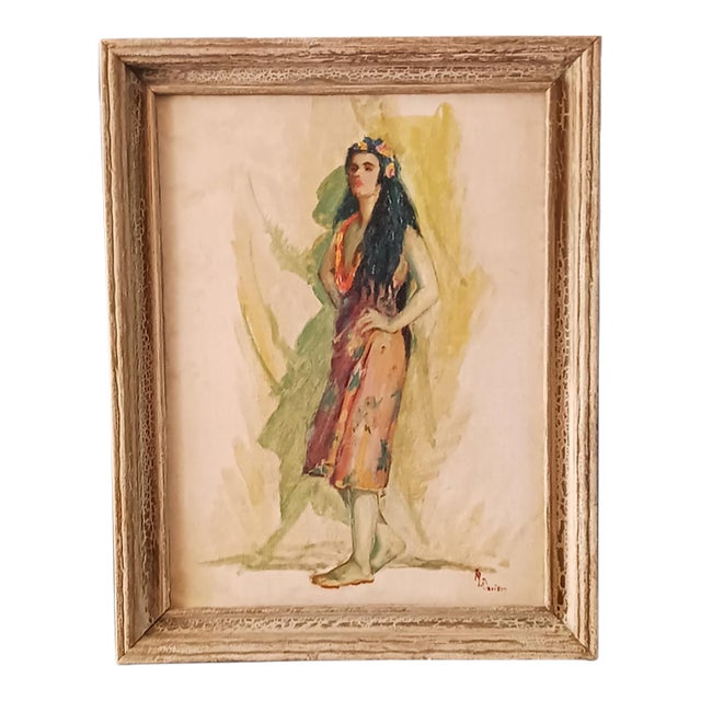 South Seas Island Maid C. 1930s Exotic Oil on Board Signed by Mrs. J B Davison For Sale