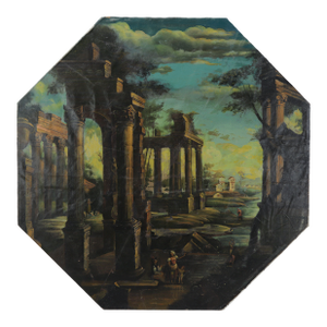 Vintage Octagonal Oil Painting - Classical Roman Ruins Capriccio Landscape