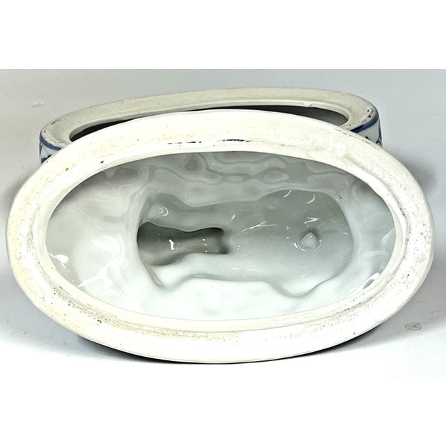 Chinoiserie Vintage Chinese Porcelain Blue & White Floral Easter Rabbit Art Oval Dish With Lid For Sale - Image 3 of 8
