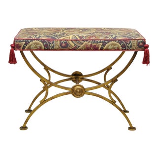 Italian Hollywood Regency Gold Gilt Iron Curule X-Form Vanity Bench Seat Stool For Sale