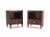 Pair of Mid-Century Modern end tables by John Stuart. Dark walnut finish. Solid Brass Pulls. One drawer stands with shelves.