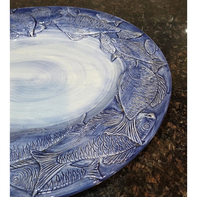 Mid-Century Modern Vintage Italian Azure Blue Fish Oval Majolica Platter Party Platter For Sale - Image 3 of 8