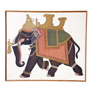 Southeast Asian Large Framed Elephant Painting on Fabric For Sale
