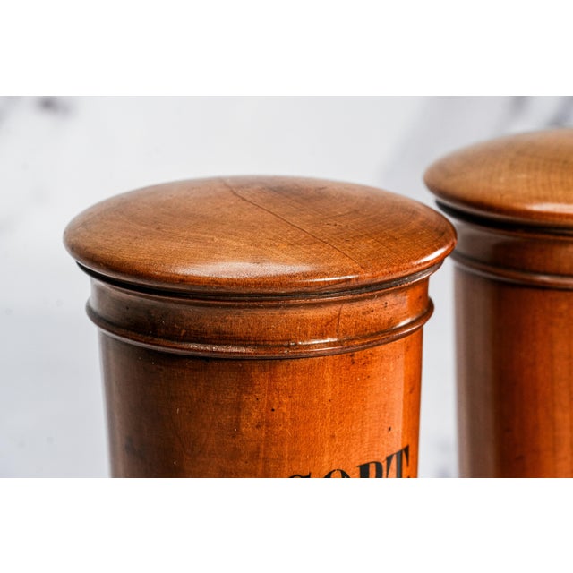 19th Century Amazing Pair of Carved European Antique 19th Century Wood Apothecary Pharmacy Lidded Jars Home Decor Medical Health For Sale - Image 5 of 14